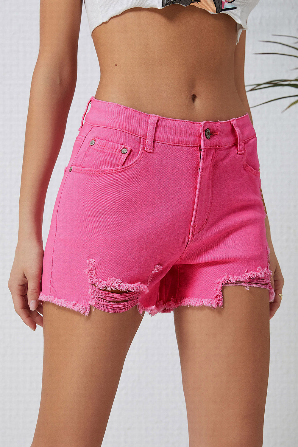 Distressed Slim Fit High Waist Denim Shorts