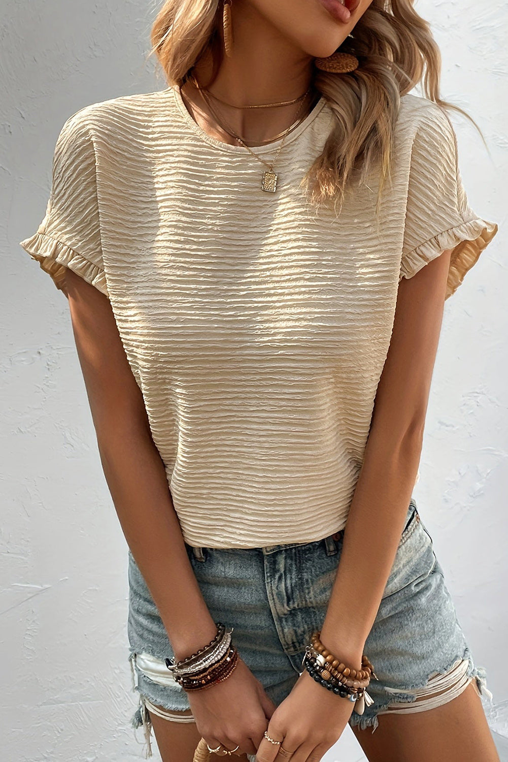 Solid Textured Ruffled Short Sleeve Blouse