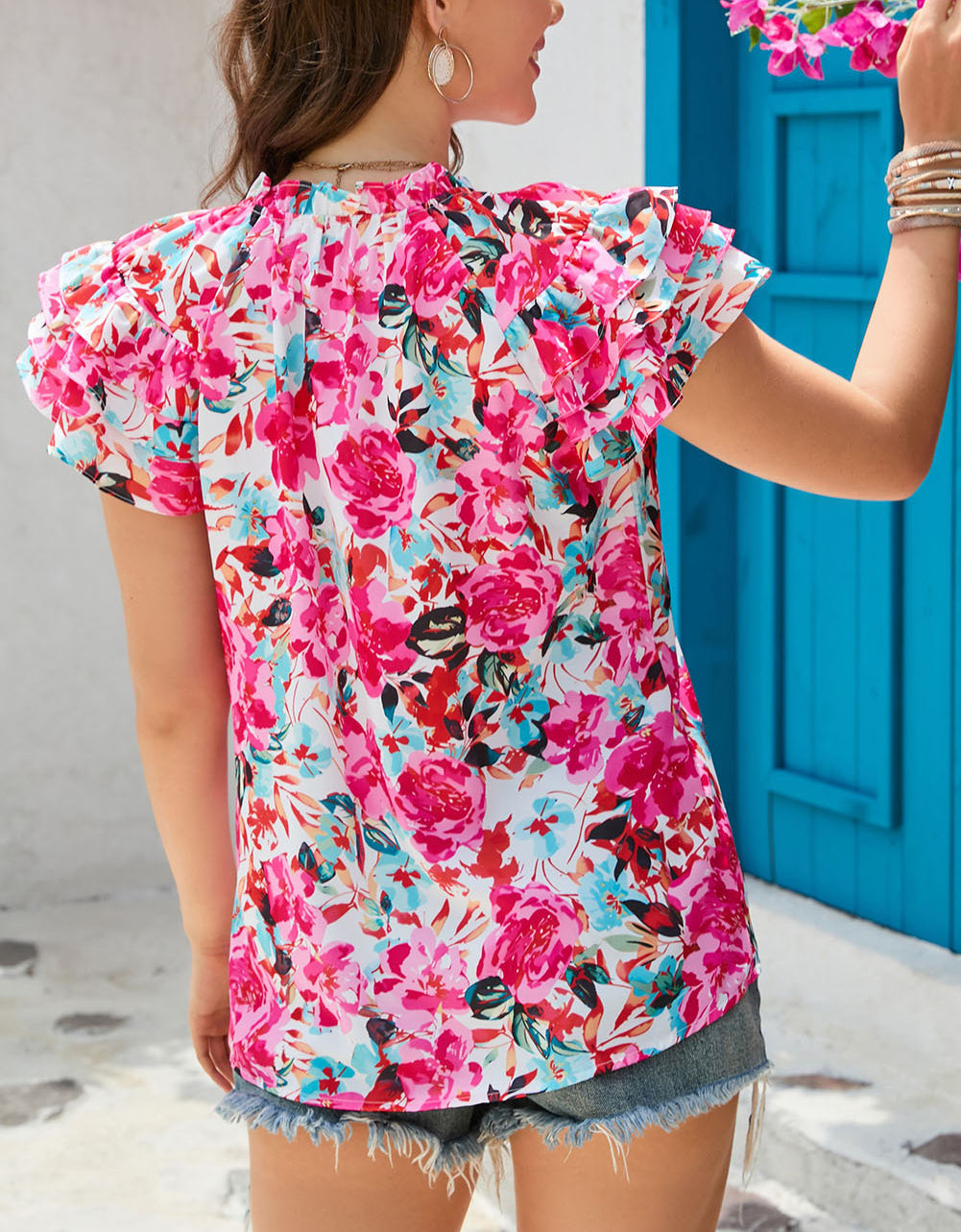 Ruffle Flutter Sleeve Floral Print Blouse