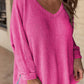 Waffle Knit Side Slits Loose Fit V Neck Top