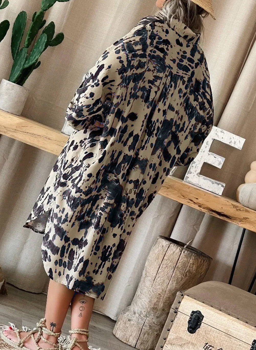 Splash Ink Print Long Sleeve Button Front Split Dress