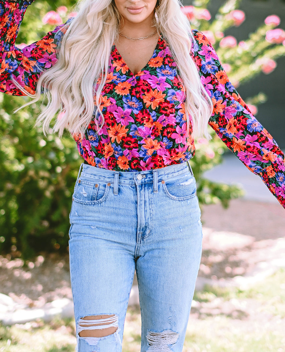 Print Wrap V Neck Long Sleeve Bodysuit