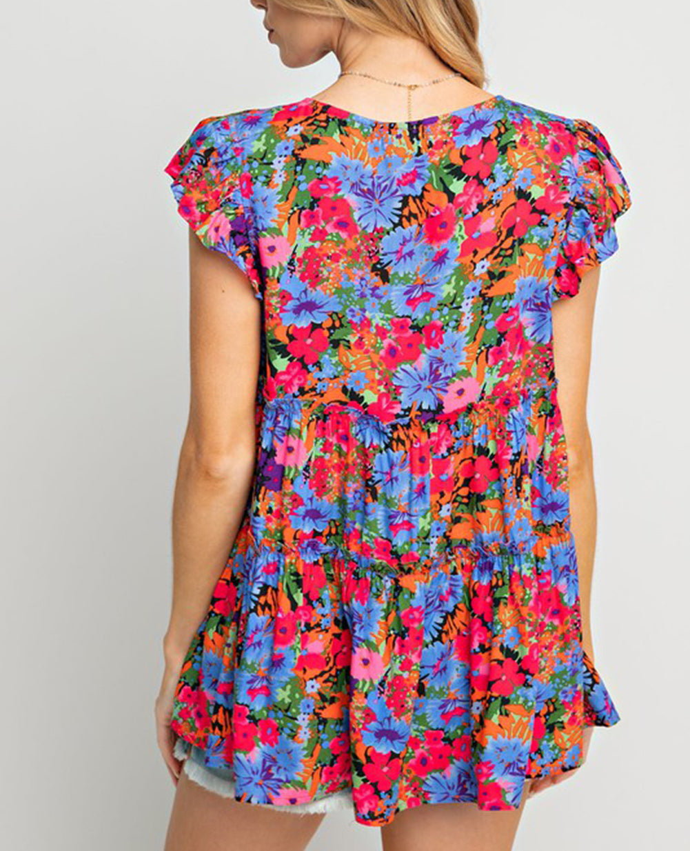 Floral Print Ruffle Tiered Short Sleeve Babydoll Top