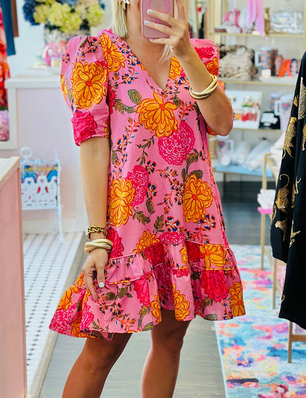 Floral Bubble Sleeve V Neck Ruffled Mini Dress