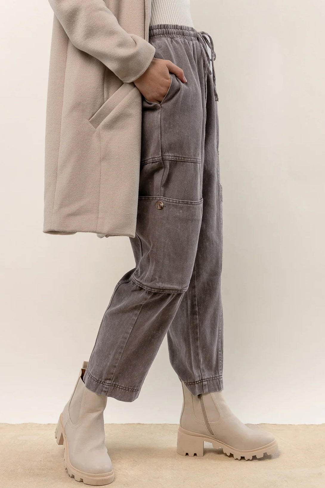 Acid Wash Multi Pocket Drawstring Waist Pants