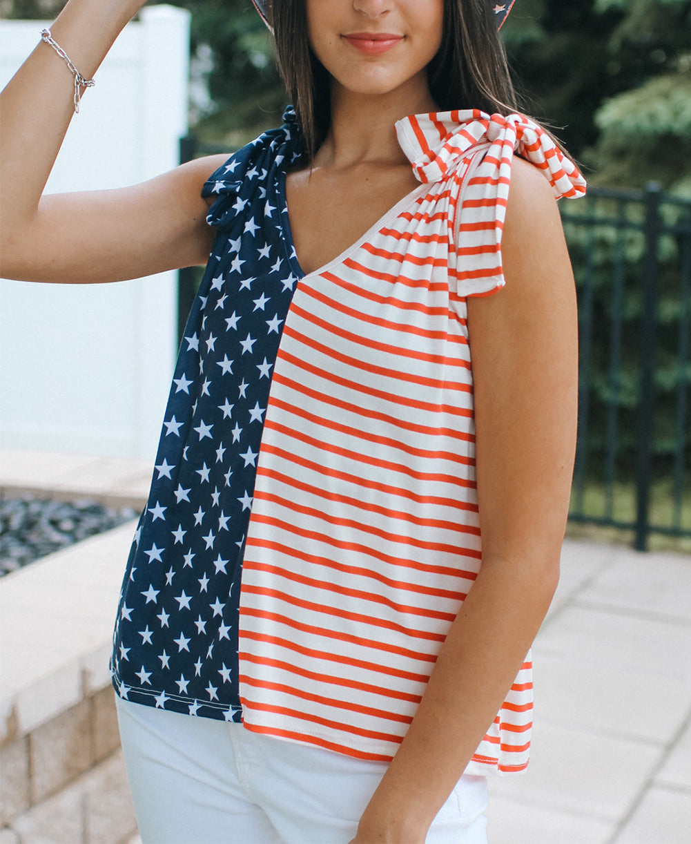 American Flag Color Block Knotted Straps Tank Top
