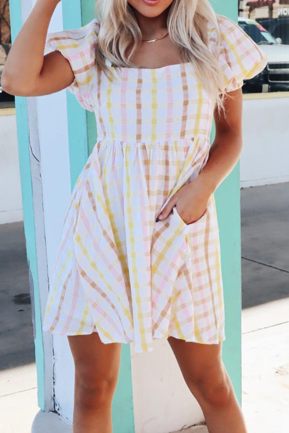 Plaid Print Square Neck Puff Sleeve Skater Dress