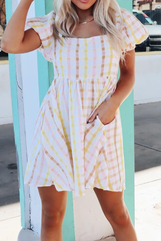 Plaid Print Square Neck Puff Sleeve Skater Dress