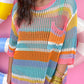 Stripe Colorblock Hollowed Crochet 3/4 Sleeve Sweater