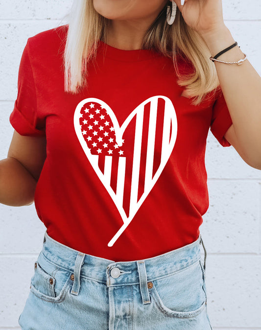USA Flag Heart Shape Crewneck Graphic T Shirt
