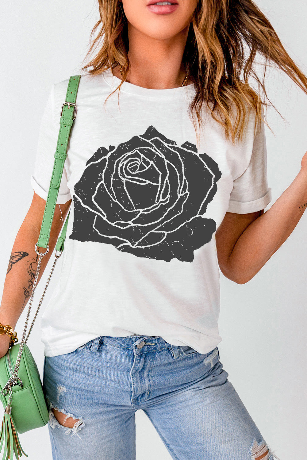 Large Rose Print Round Neck T Shirt