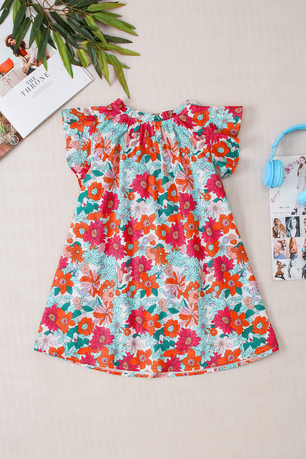 Floral Print Drawstring V Neck Ruffled Tank Top