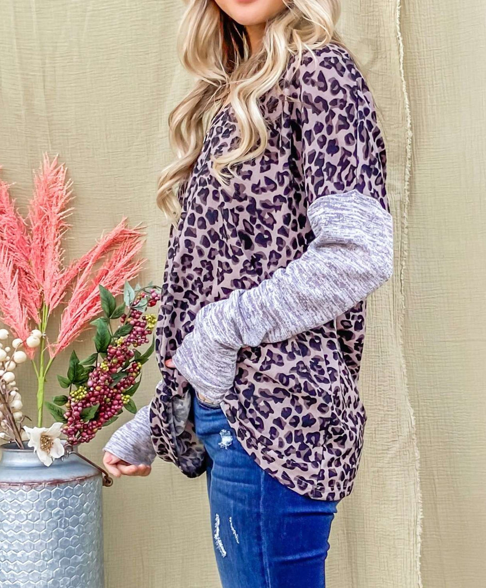 Leopard Print Drop Shoulder Patchwork Sleeve Top