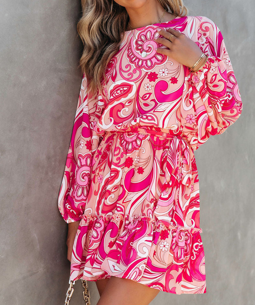 Paisley Printed Button Keyhole Back Belted Mini Dress