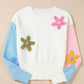 Floral Embroidered Colorblock Fuzzy Drop Shoulder Sweater