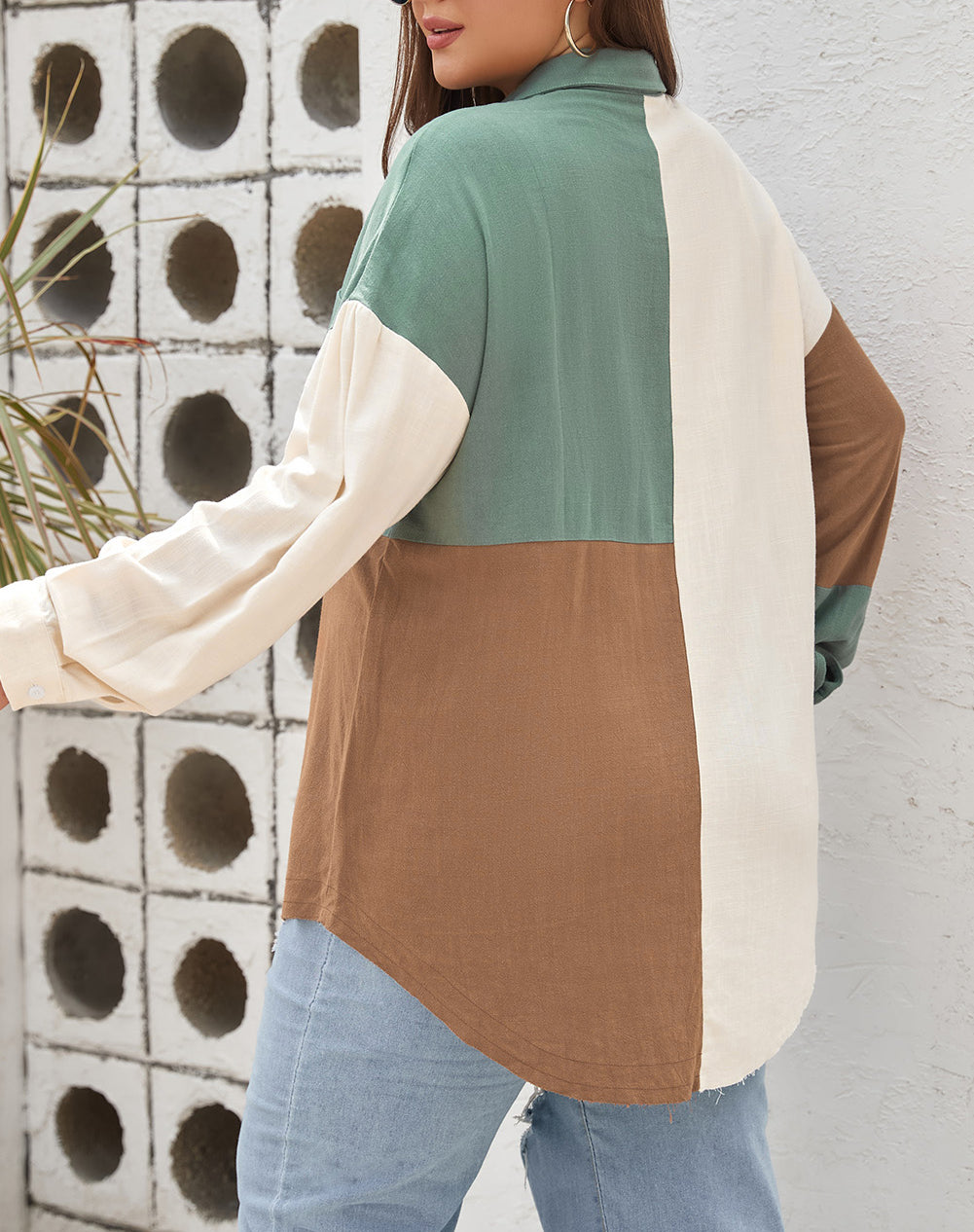 Colorblock Raw Edge Plus Size Shirt