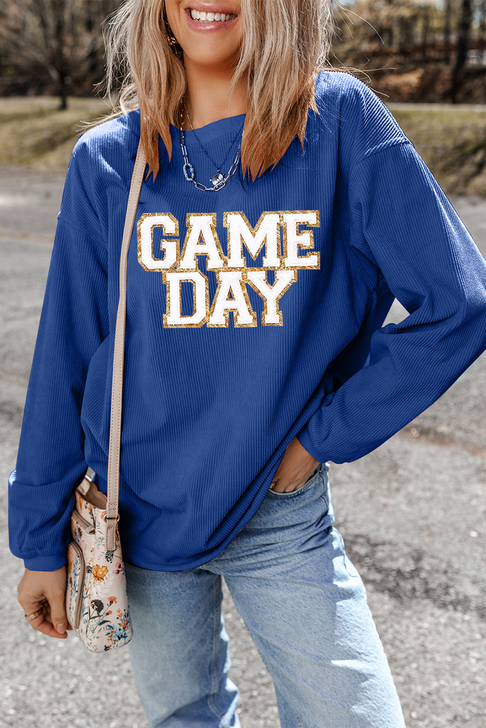 GAME DAY Glitter Detail Ribbed Drop Shoulder Sweatshirt