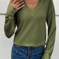 Textured Knit V Neck Button Cuffs Long Sleeve Top