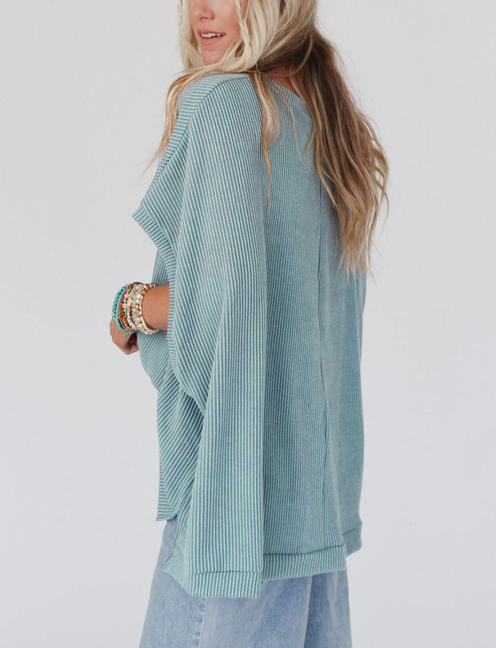 Ribbed Knit Batwing Sleeve Tunic Oversized T Shirt