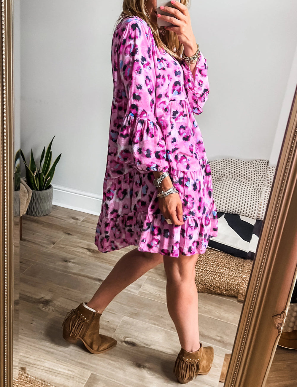 Leopard Print Buttoned Front 3/4 Sleeve Tiered Ruffled Hem Dress