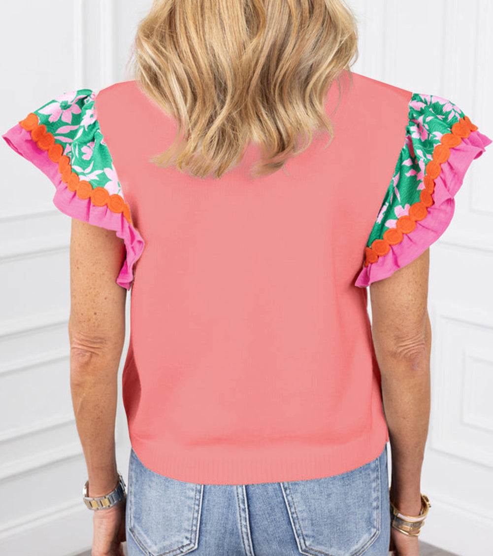 Contrast Ricrac Floral Sleeve Top