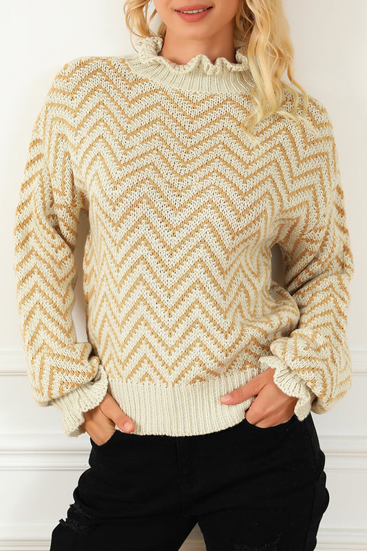 Chevron Striped High Neck Drop Shoulder Sweater