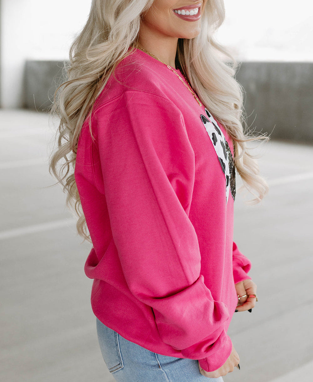 Cow & Sequin Double Heart Patch Graphic Sweatshirt