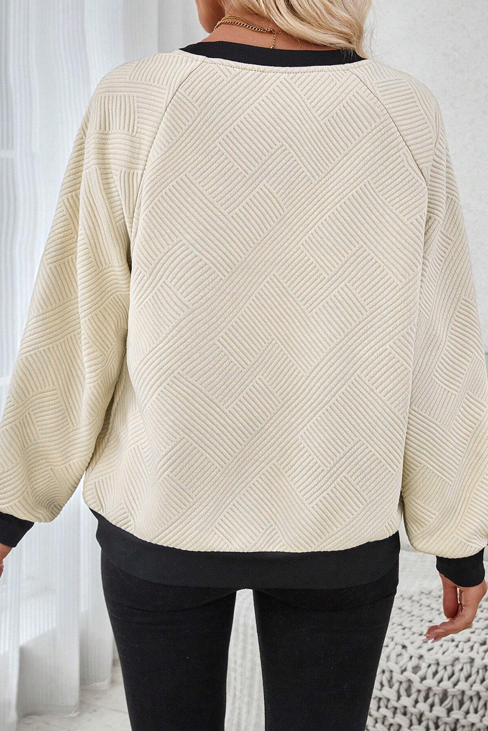 Color Block Edge Raglan Sleeve Crew Neck Textured Top