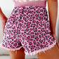 Pink Leopard Print Raw Hem Denim Shorts