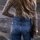 Leopard Print Long Sleeve Scoop Neck Slim Fit Bodysuit