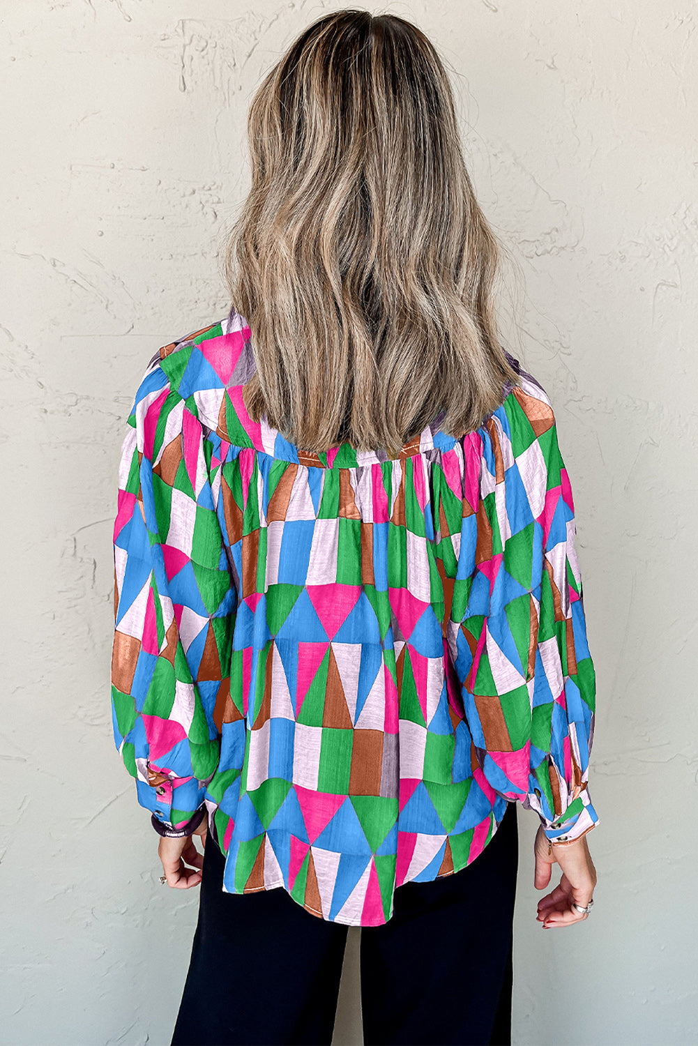 Geometric Print Buttoned Balloon Sleeve Loose Fit Shirt