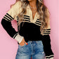 Colorblock Stripe Collared V Neck Sweater