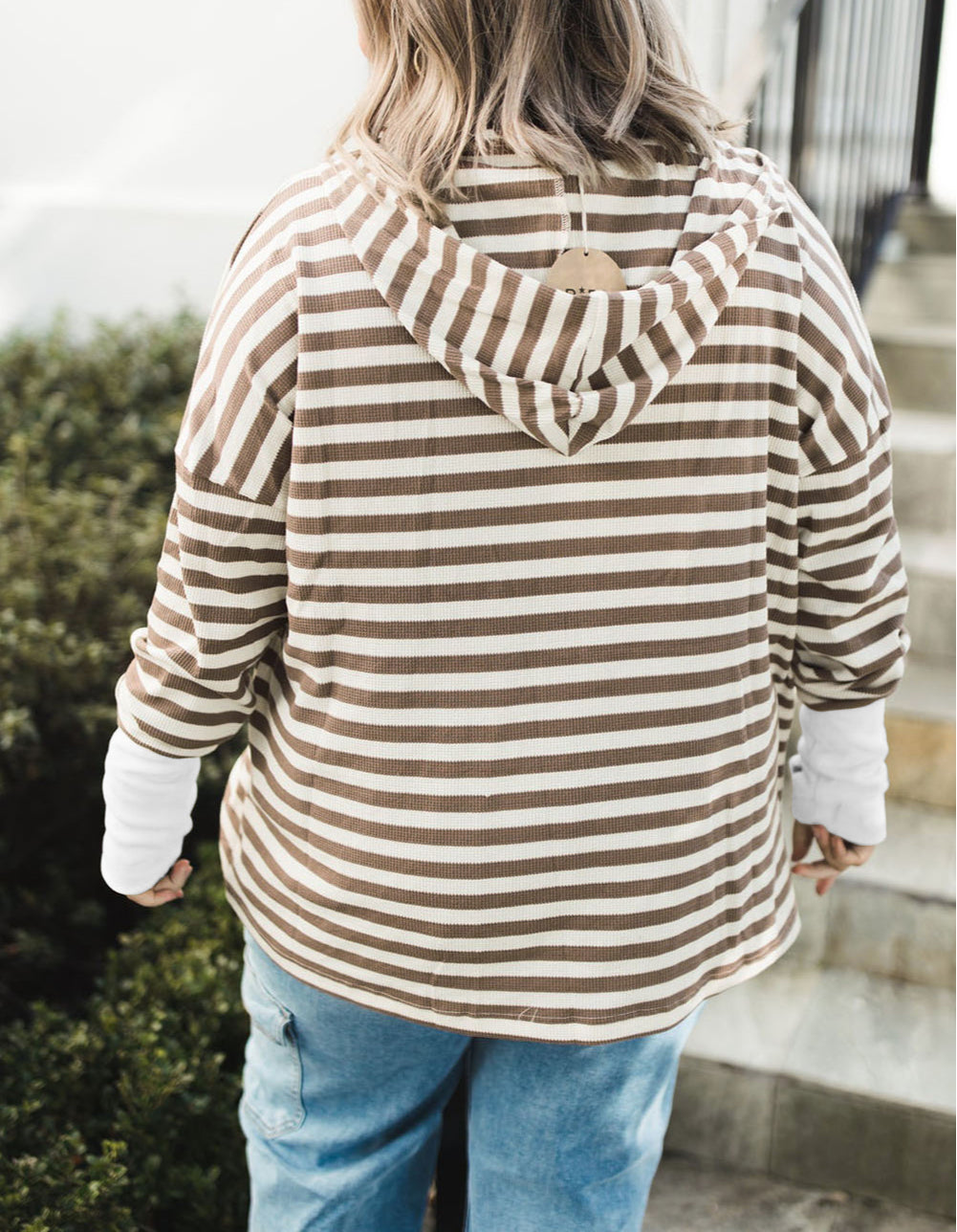 Stripe Quarter Buttons Drop Sleeve Plus Size Hoodie