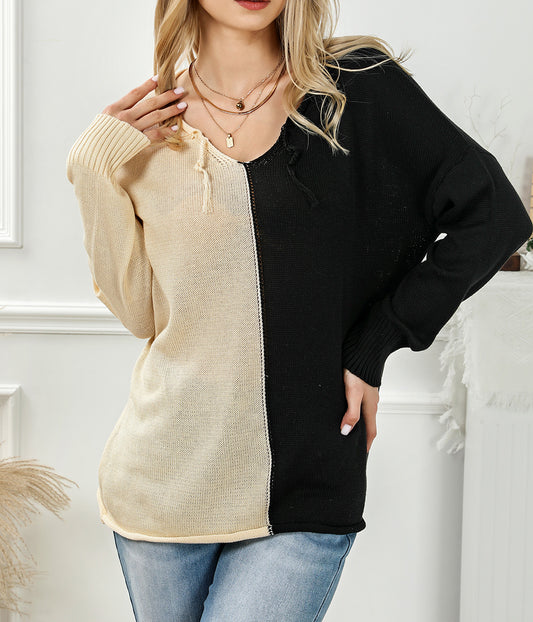 Khaki 2-tone Color Block Raw Edge V Neck Sweater