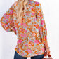 Floral Print Loose Fit Ruched V Neck Blouse