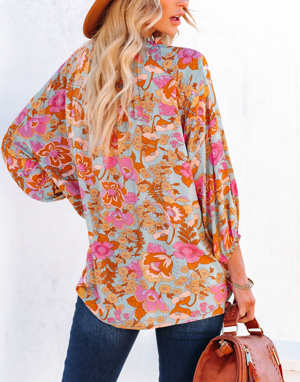 Floral Print Loose Fit Ruched V Neck Blouse