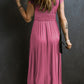 Short Sleeve Shirred High Waist V Neck Maxi Dress