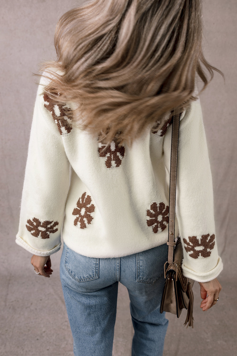 Colorblock Floral Pattern Round Neck Sweater