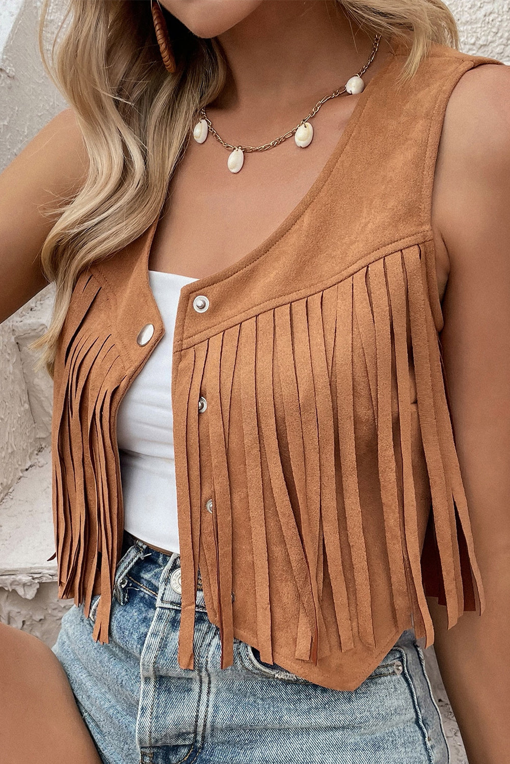 Fringed Snap Button Front Suedette Vest