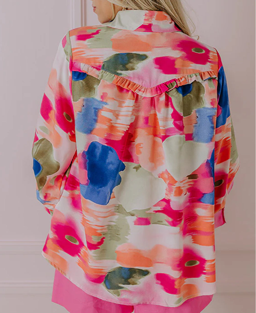 Abstract Print Ruffled Puff Sleeve Shirt