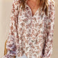 Boho Floral Print Split V Neck Bubble Sleeve Blouse