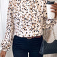 Leopard Print Lantern Sleeve Mock Neck Pleated Blouse