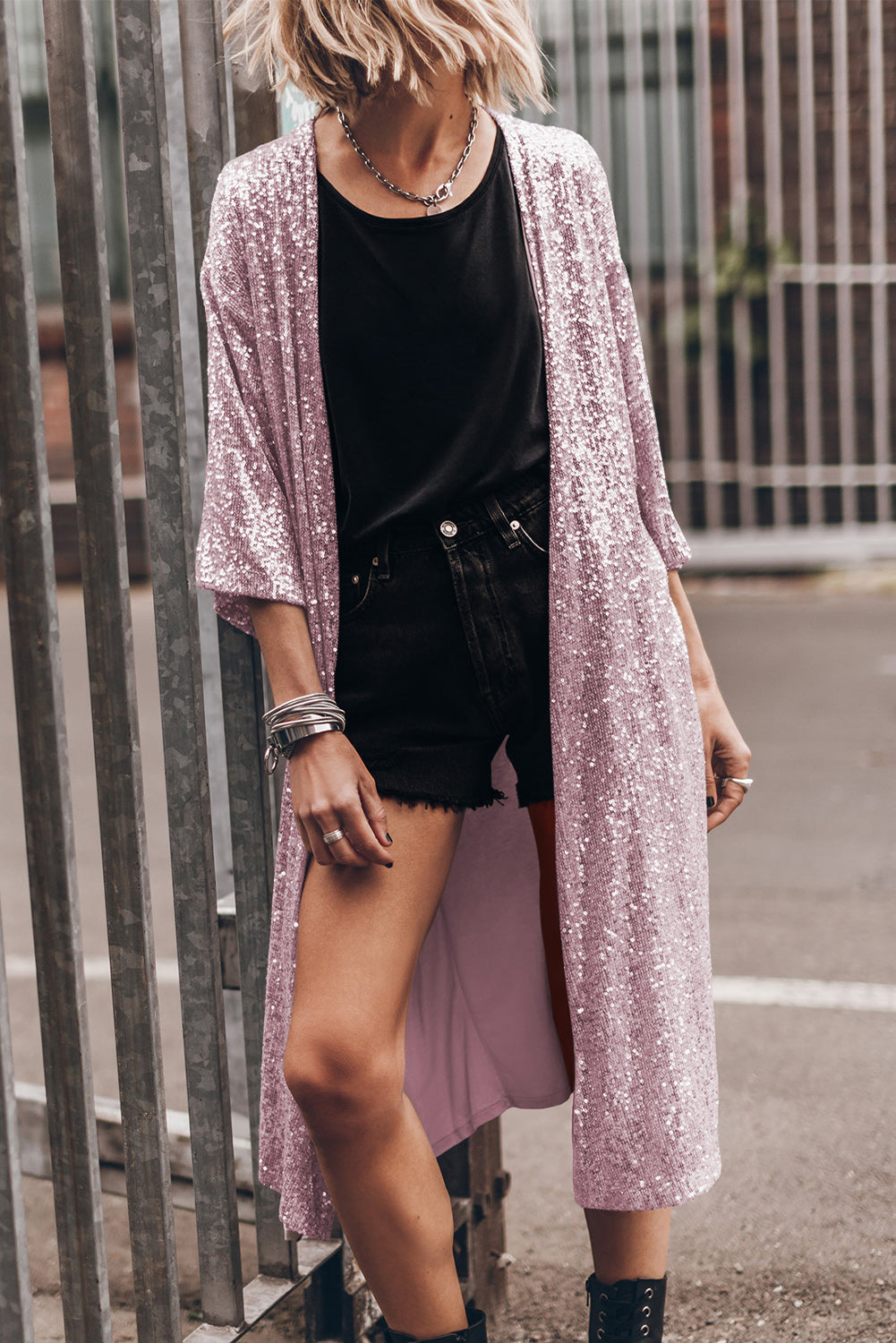 Sequin 3/4 Sleeve Open Front Duster Kimono