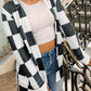 Checkered Waffle Knit Thumbhole Open Front Cardigan