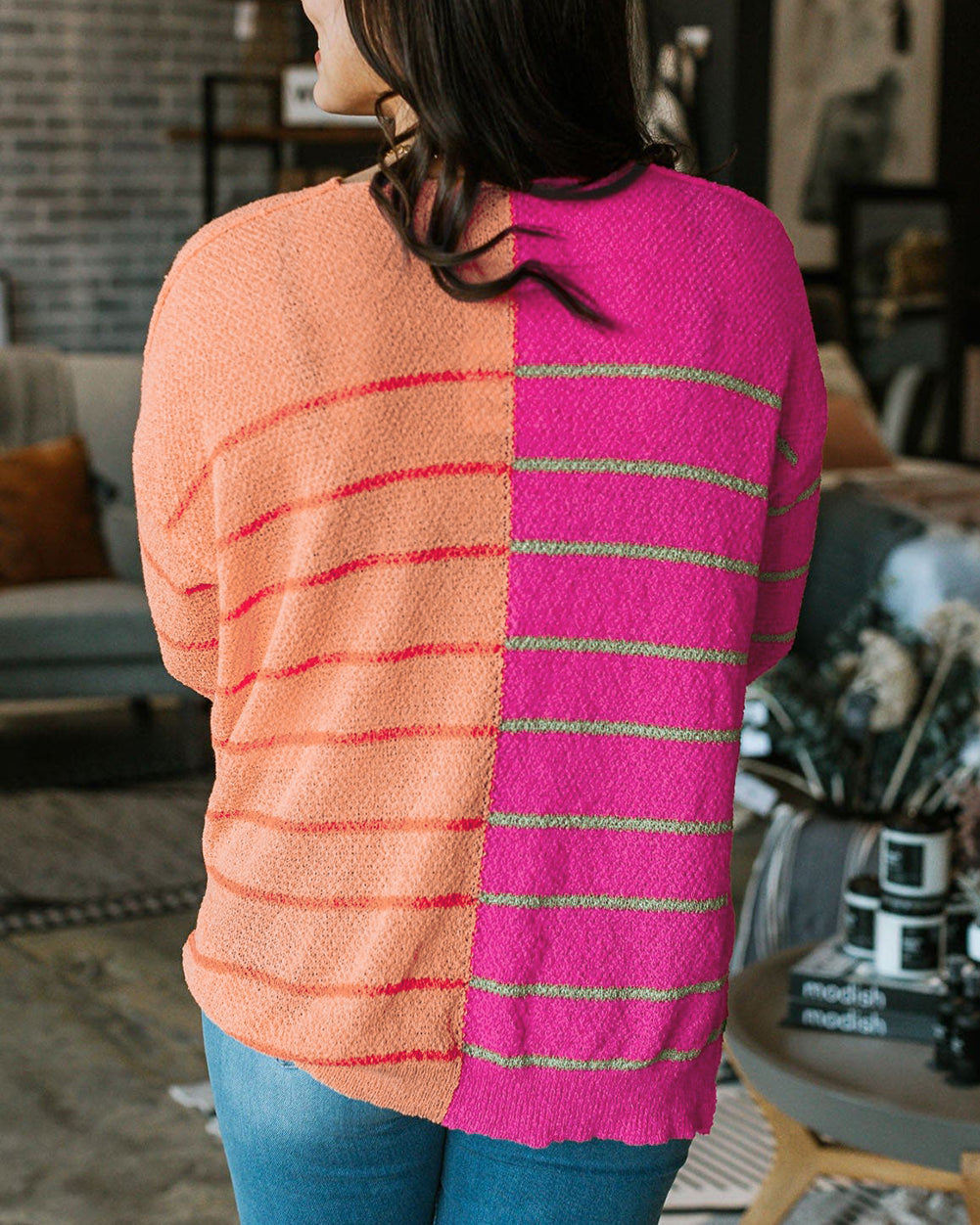 Plus Size Color Block Striped Patchwork Knit Sweater