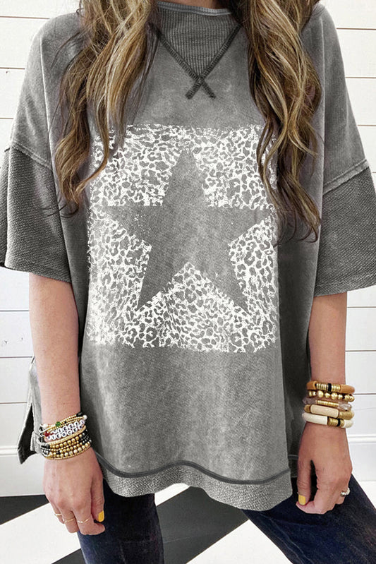 Leopard Star Print Mineral Wash High Low Oversized Tee