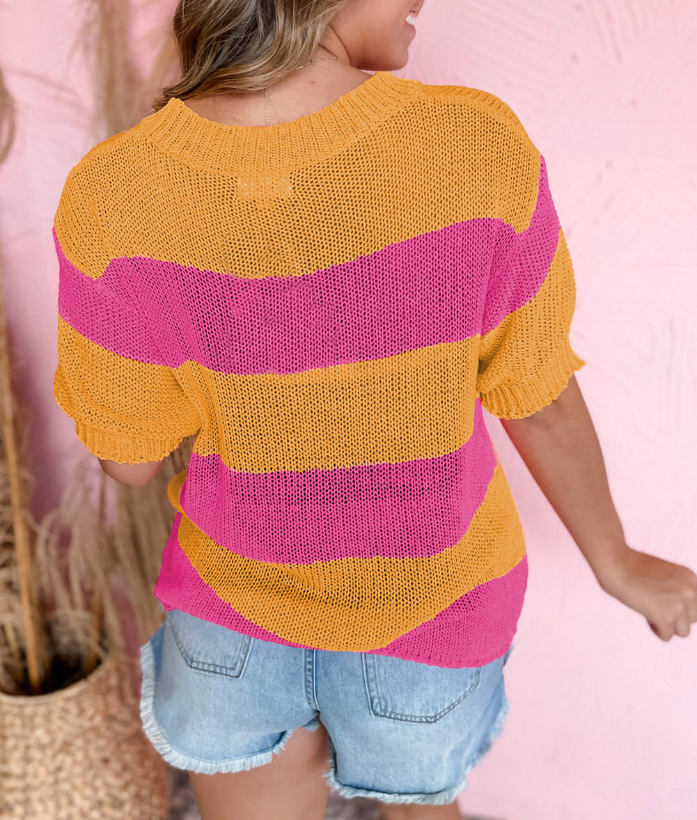 Stripe Color Block Knitted T-shirt Sweater