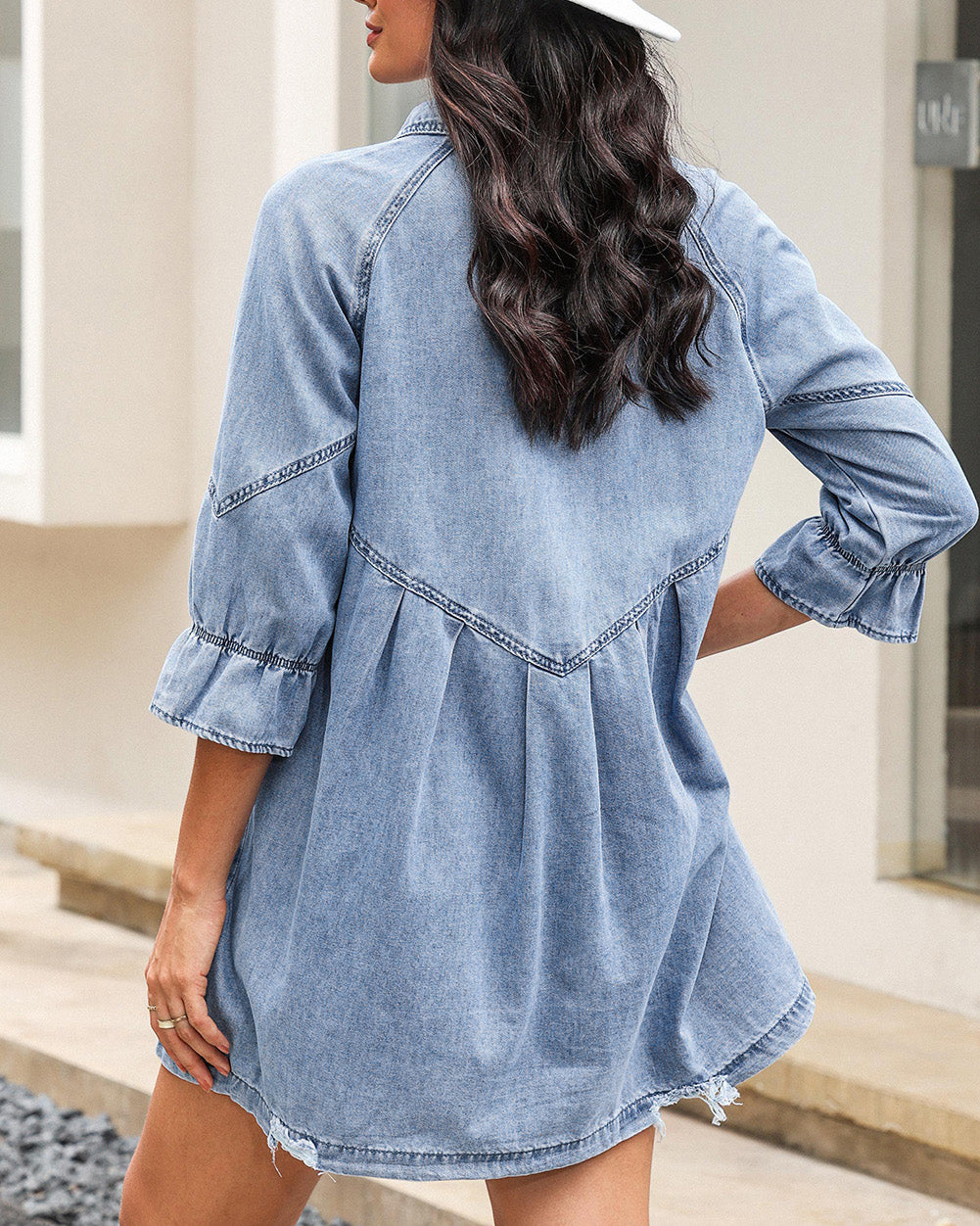 Ruffled 3/4 Sleeve Buttoned Front Plus Size Denim Dress