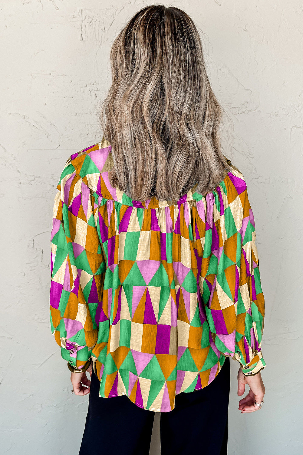 Geometric Print Buttoned Balloon Sleeve Loose Fit Shirt