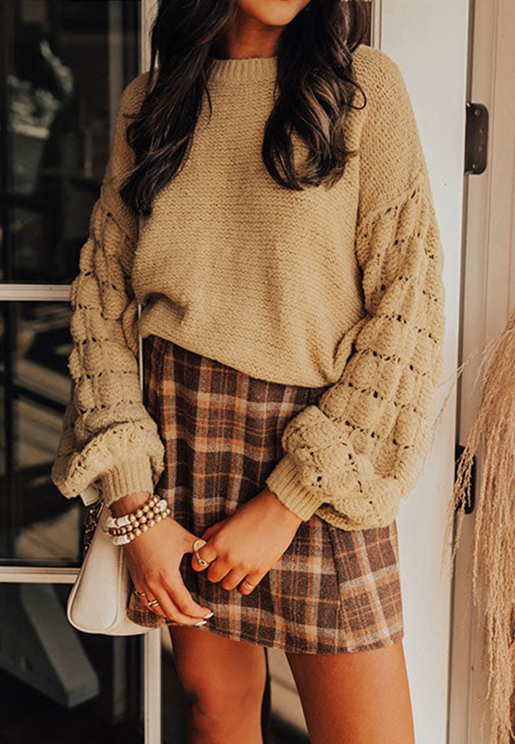 Hollowed Bubble Sleeve Knit Sweater